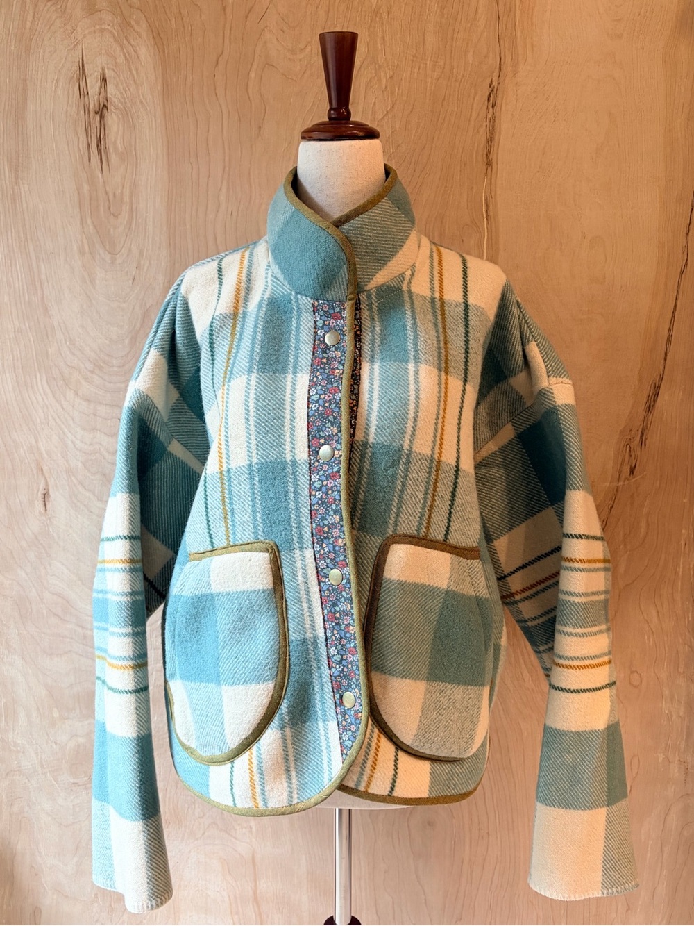 Handmade Women’s Plaid Teal & Cream Snap-Front Jacket